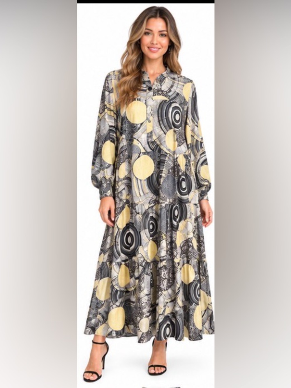 Beulah Style Abstract Print Tiered Maxi Dress Grey Yellow One Size NWT
